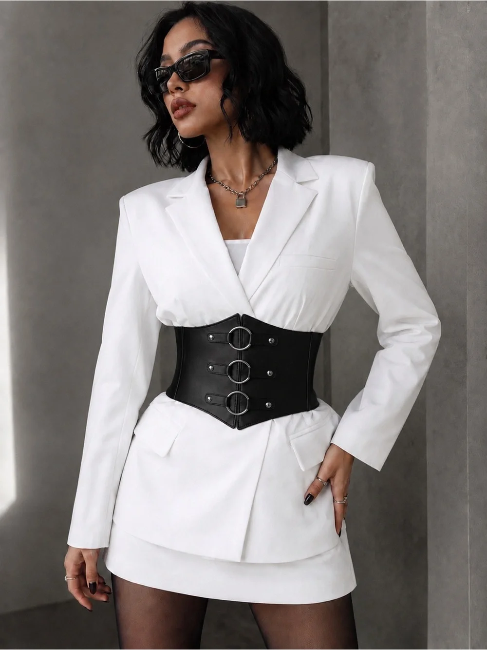 Black Wide Faux Leather Corset Waist Belt with Ring Hardware